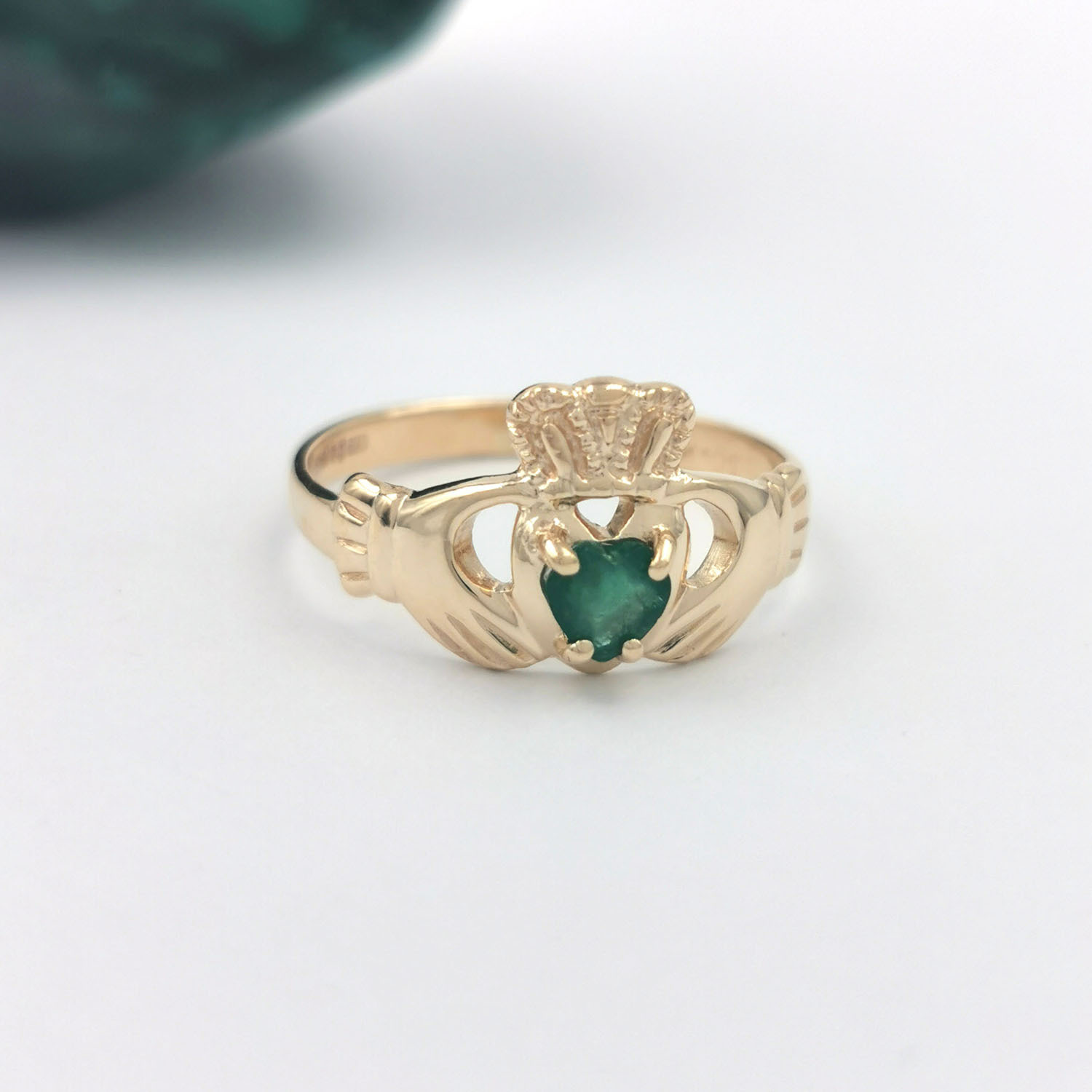 14K Gold Claddagh Ring with Inlaid Emerald Heart, Made in